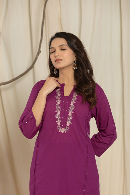 Purple Color Kurta Set With Silver And Pink Floral Embroidery At Neck Line