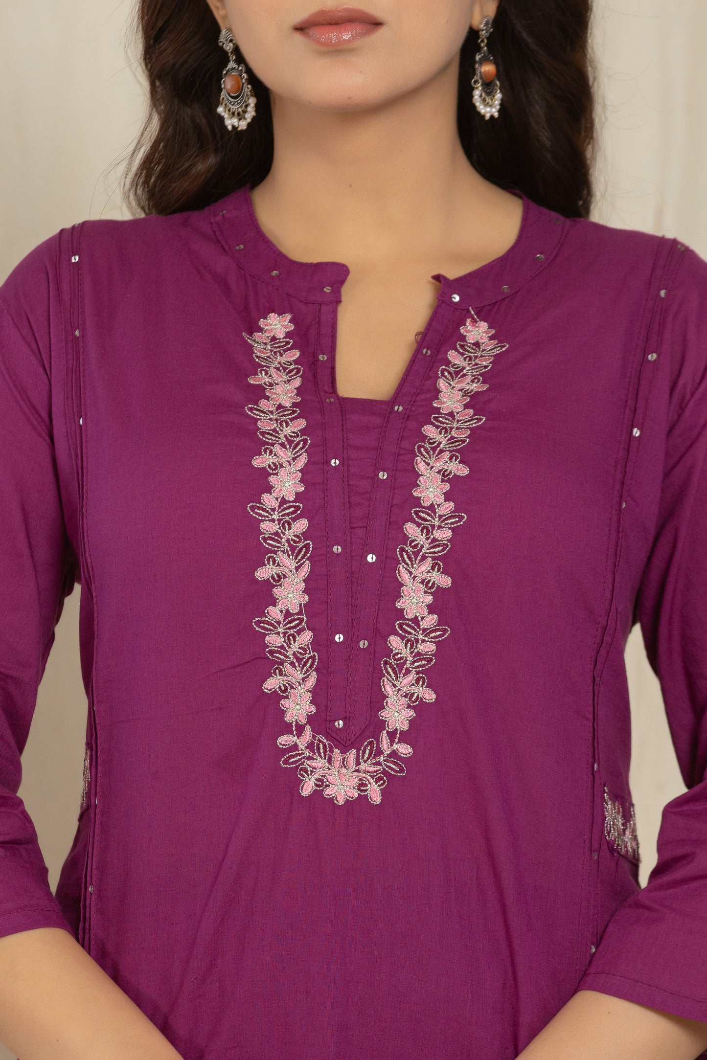 Purple Color Kurta Set With Silver And Pink Floral Embroidery At Neck Line