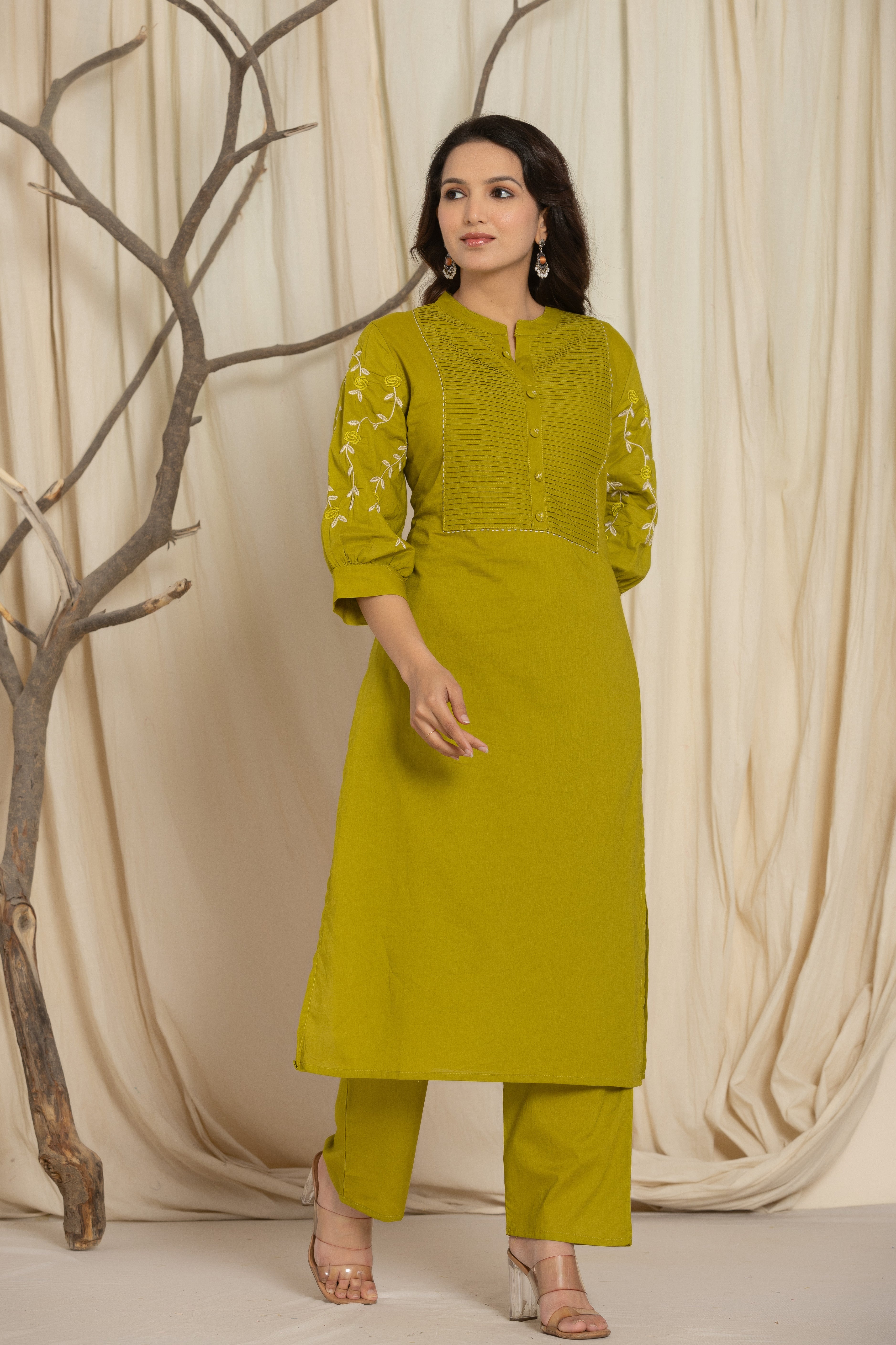 Green Cotton kurti Set with Embroidery & Pintex Detailing