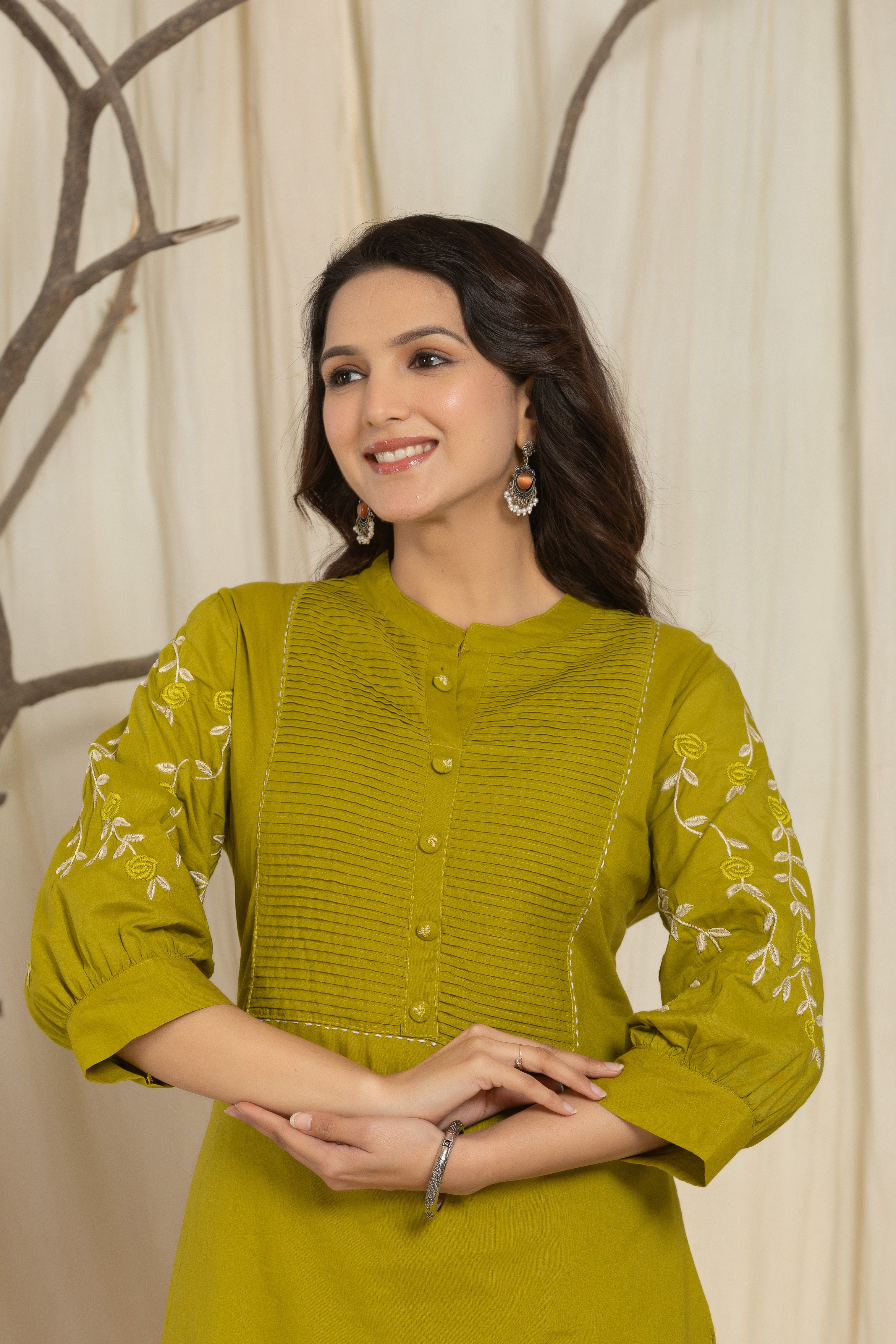 Green Cotton kurti Set with Embroidery & Pintex Detailing