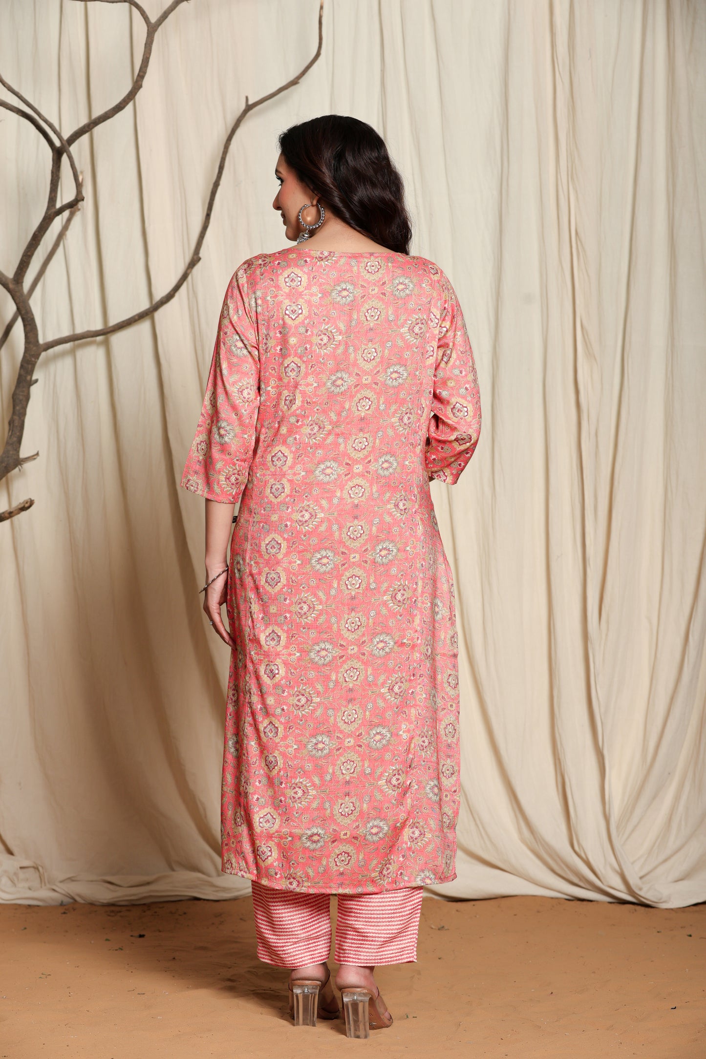 Women's Peach Viscose Rayon Kurti Set