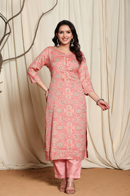 Women's Peach Viscose Rayon Kurti Set