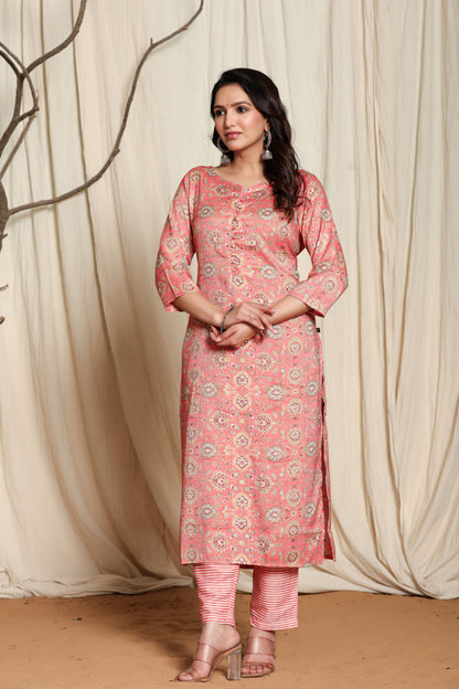 Women's Peach Viscose Rayon Kurti Set