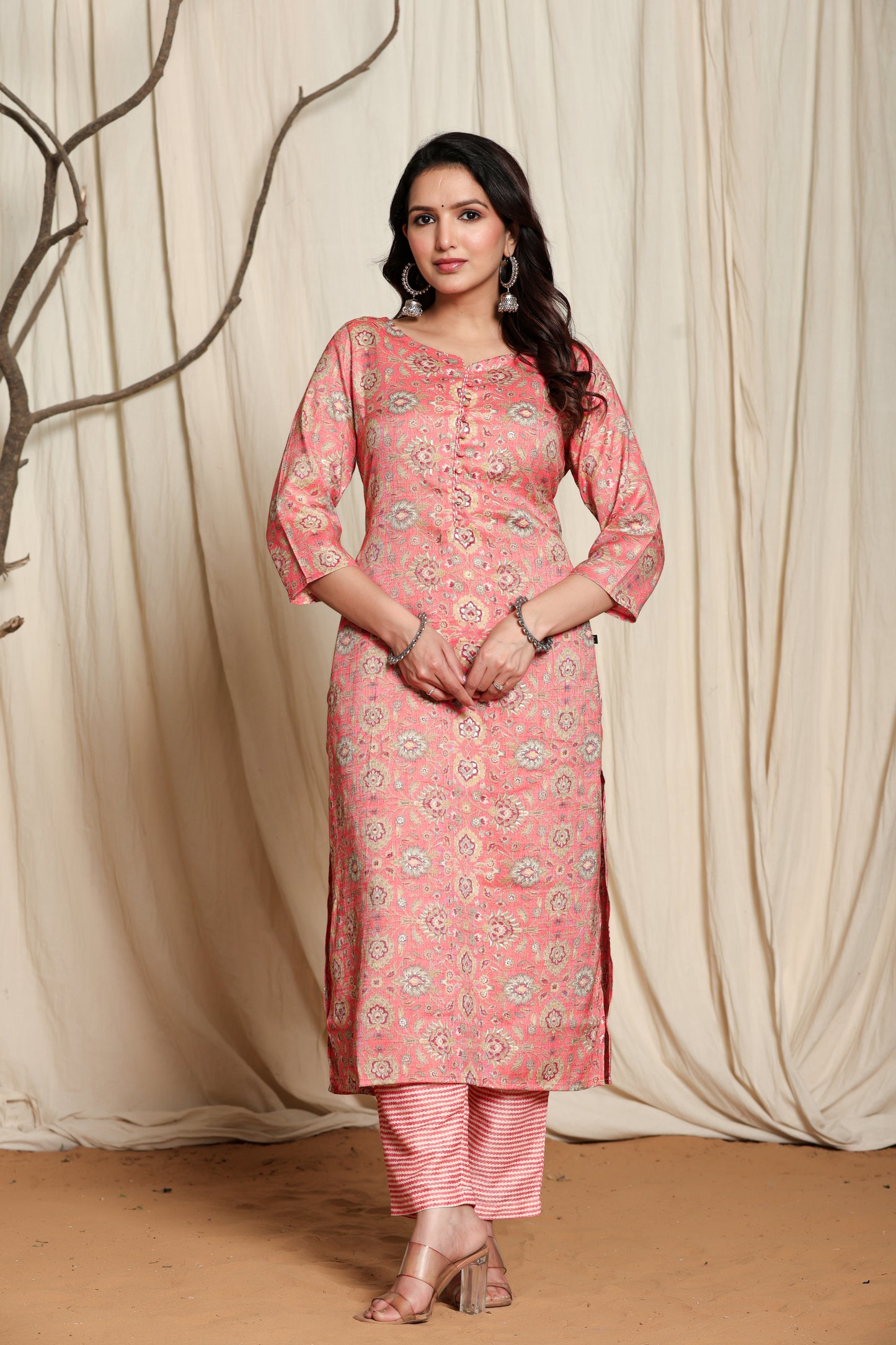 Women's Peach Viscose Rayon Kurti Set