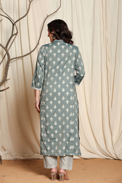 Teal Block Print Straight Kurta with Palazzo Pants Set