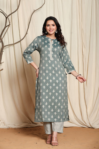 Teal Block Print Straight Kurta with Palazzo Pants Set