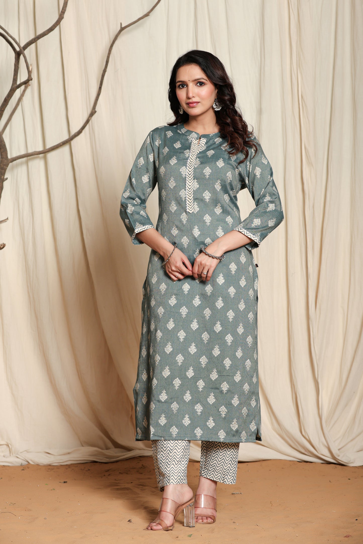 Teal Block Print Straight Kurta with Palazzo Pants Set