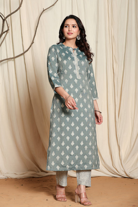 Teal Block Print Straight Kurta with Palazzo Pants Set