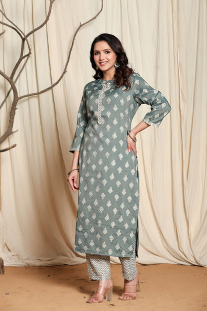 Teal Block Print Straight Kurta with Palazzo Pants Set