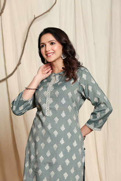 Teal Block Print Straight Kurta with Palazzo Pants Set