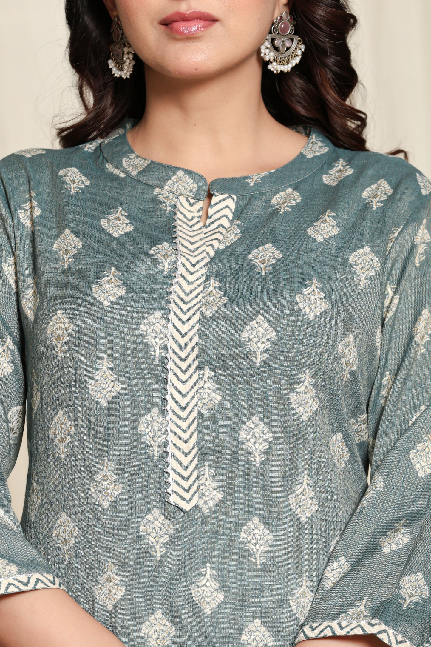 Teal Block Print Straight Kurta with Palazzo Pants Set