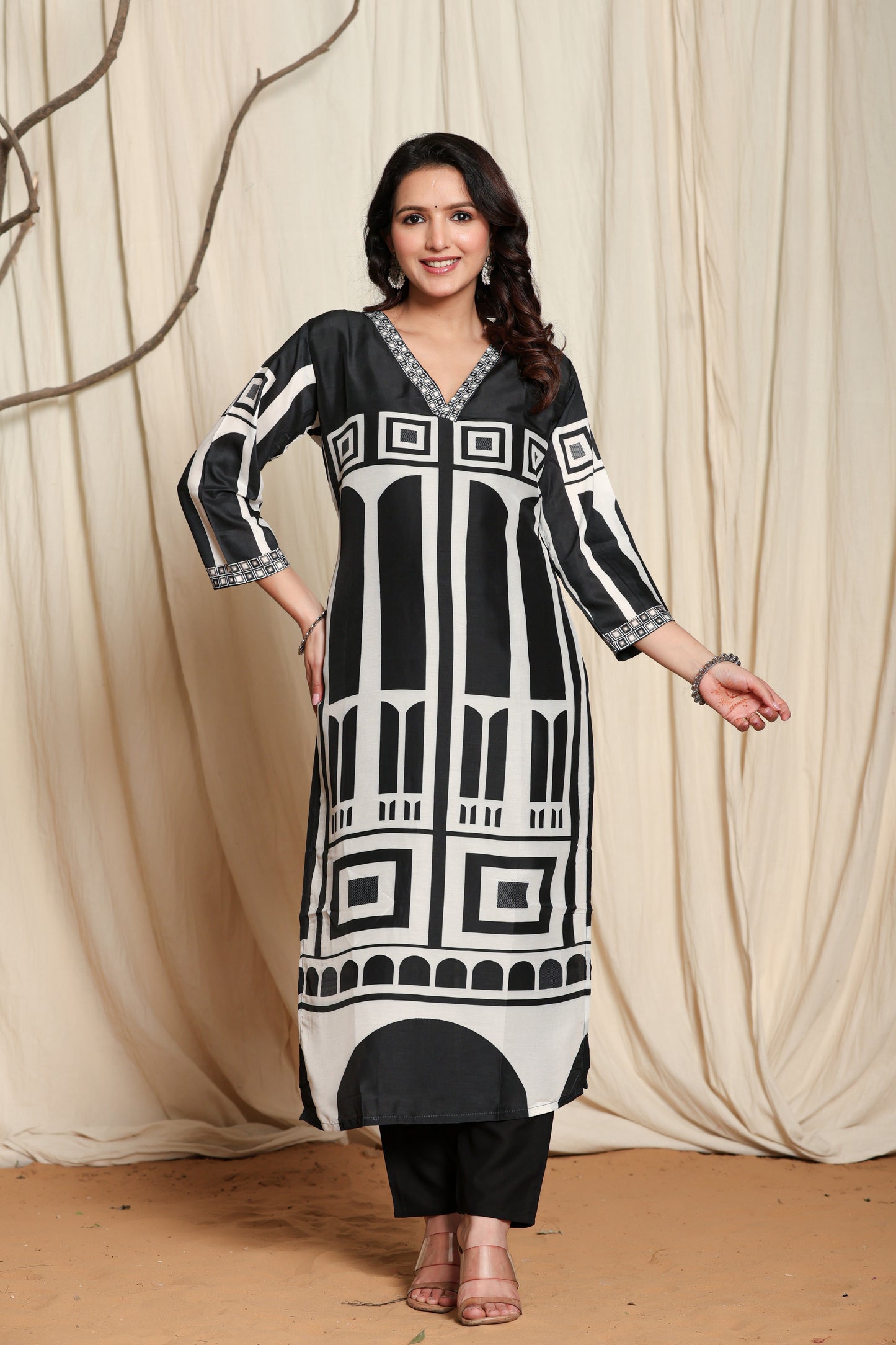 Black Cotton slub straight kurti set