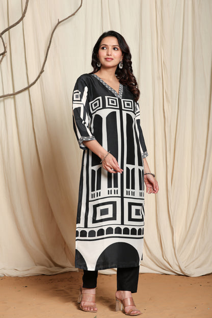 Black Cotton slub straight kurti set