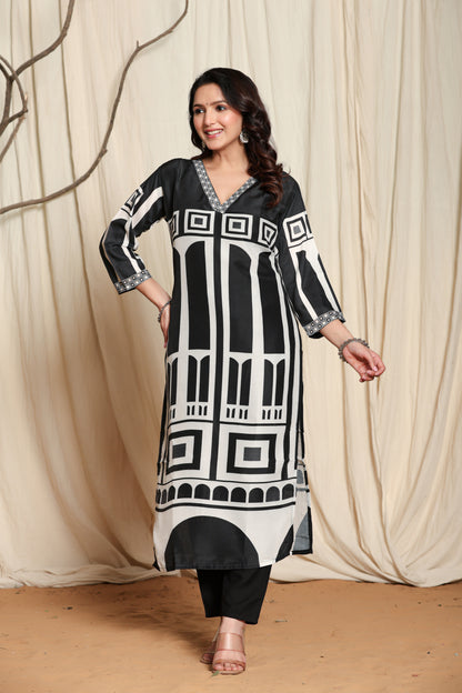 Black Cotton slub straight kurti set