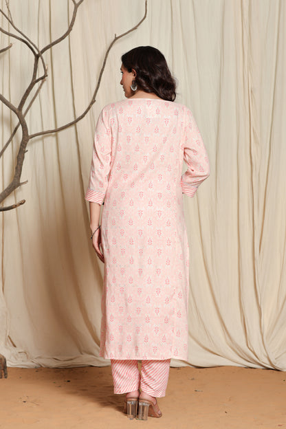 Women's Pink Viscose Rayon Kurta Pant Set with Gota Patti Lining