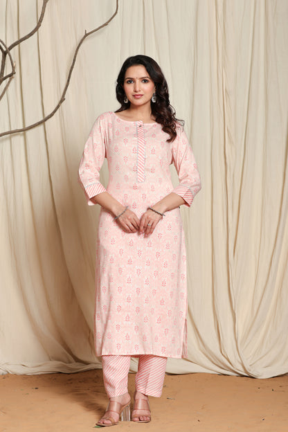 Women's Pink Viscose Rayon Kurta Pant Set with Gota Patti Lining