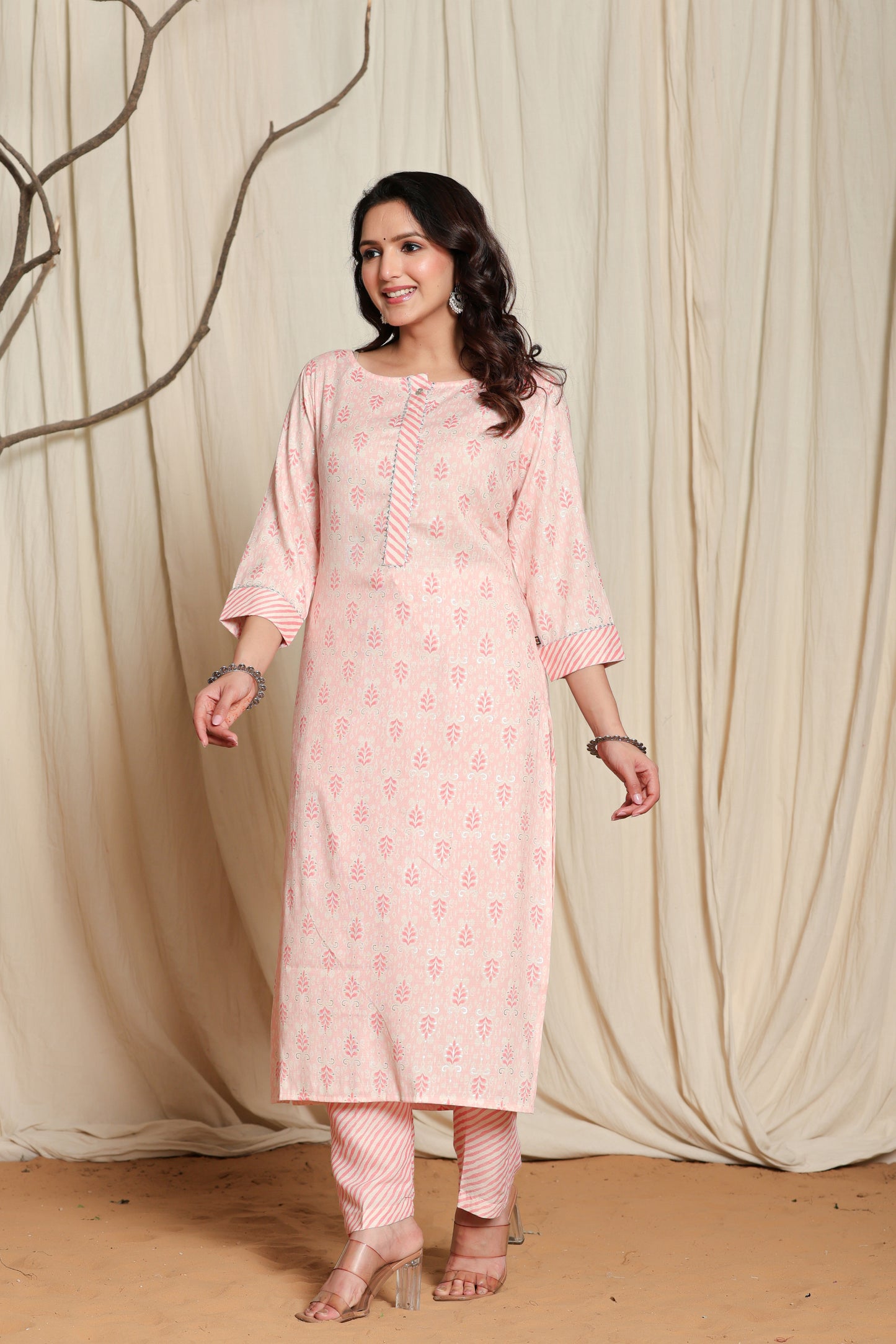 Women's Pink Viscose Rayon Kurta Pant Set with Gota Patti Lining