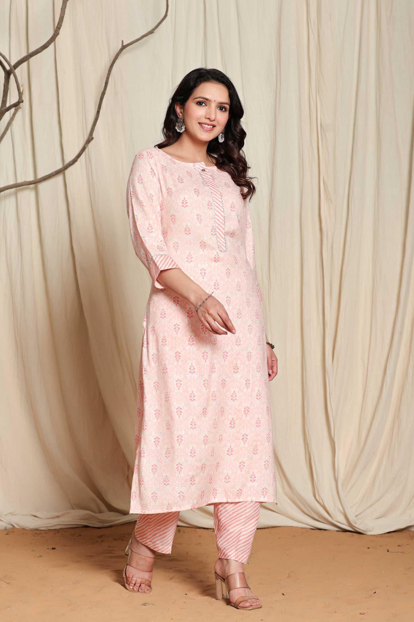 Women's Pink Viscose Rayon Kurta Pant Set with Gota Patti Lining