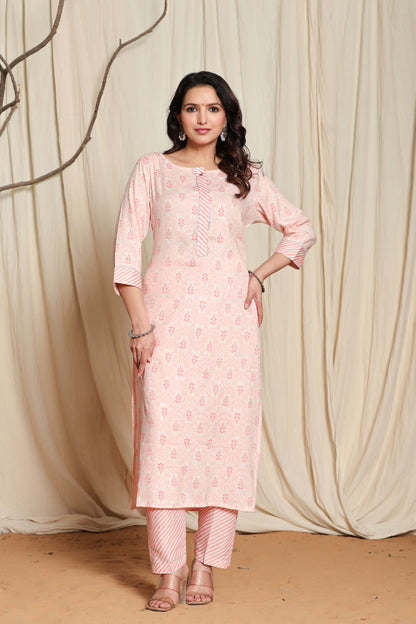 Women's Pink Viscose Rayon Kurta Pant Set with Gota Patti Lining