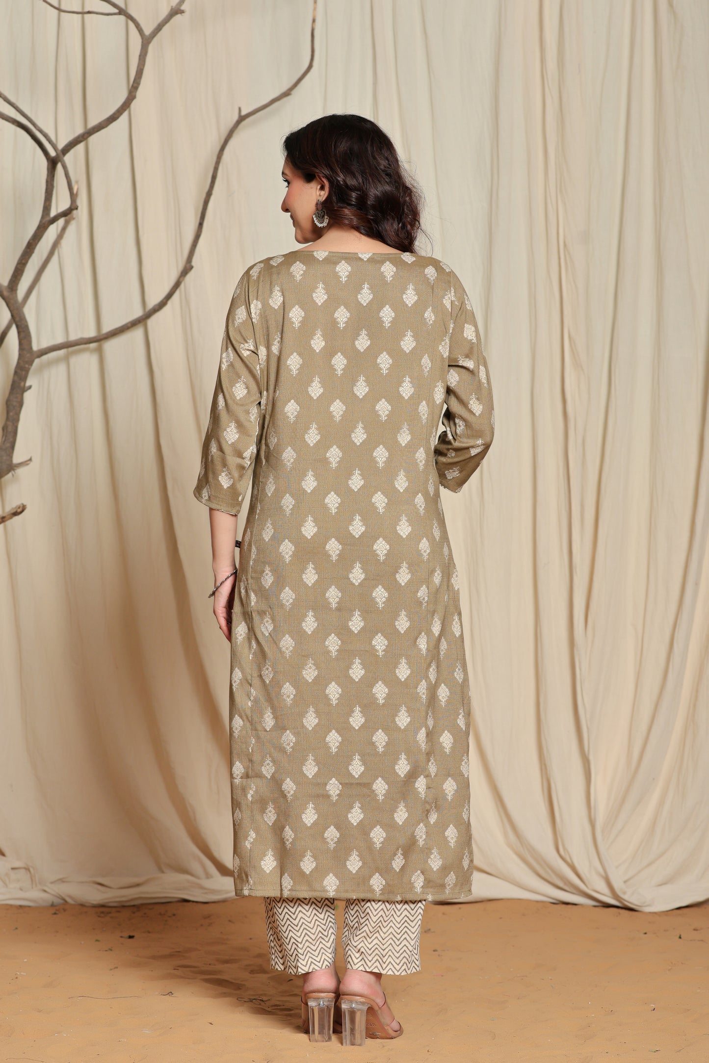 Women's Olive Floral Print Straight Kurta Set