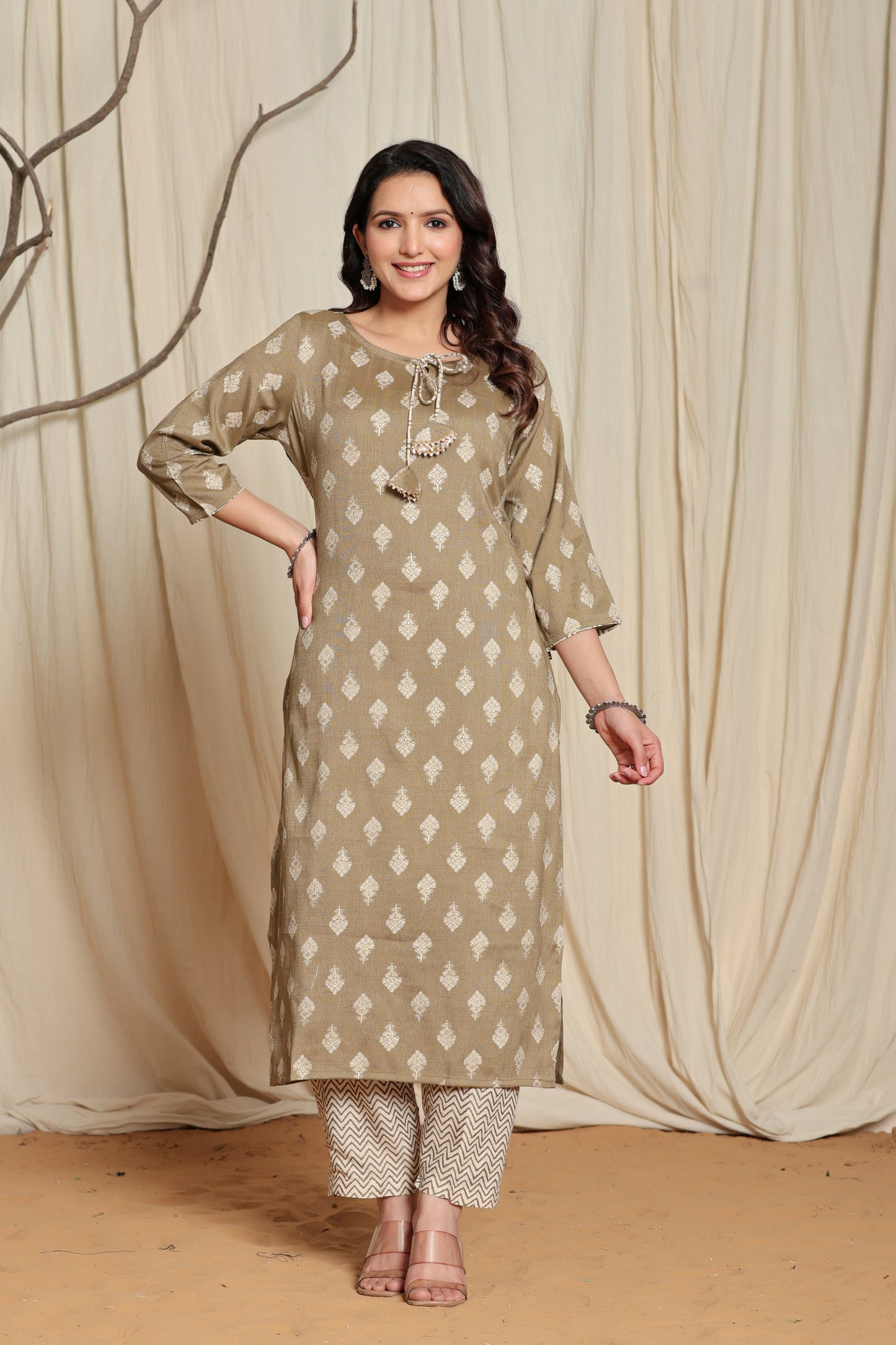 Women's Olive Floral Print Straight Kurta Set