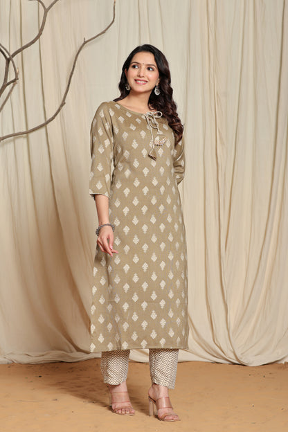 Women's Olive Floral Print Straight Kurta Set