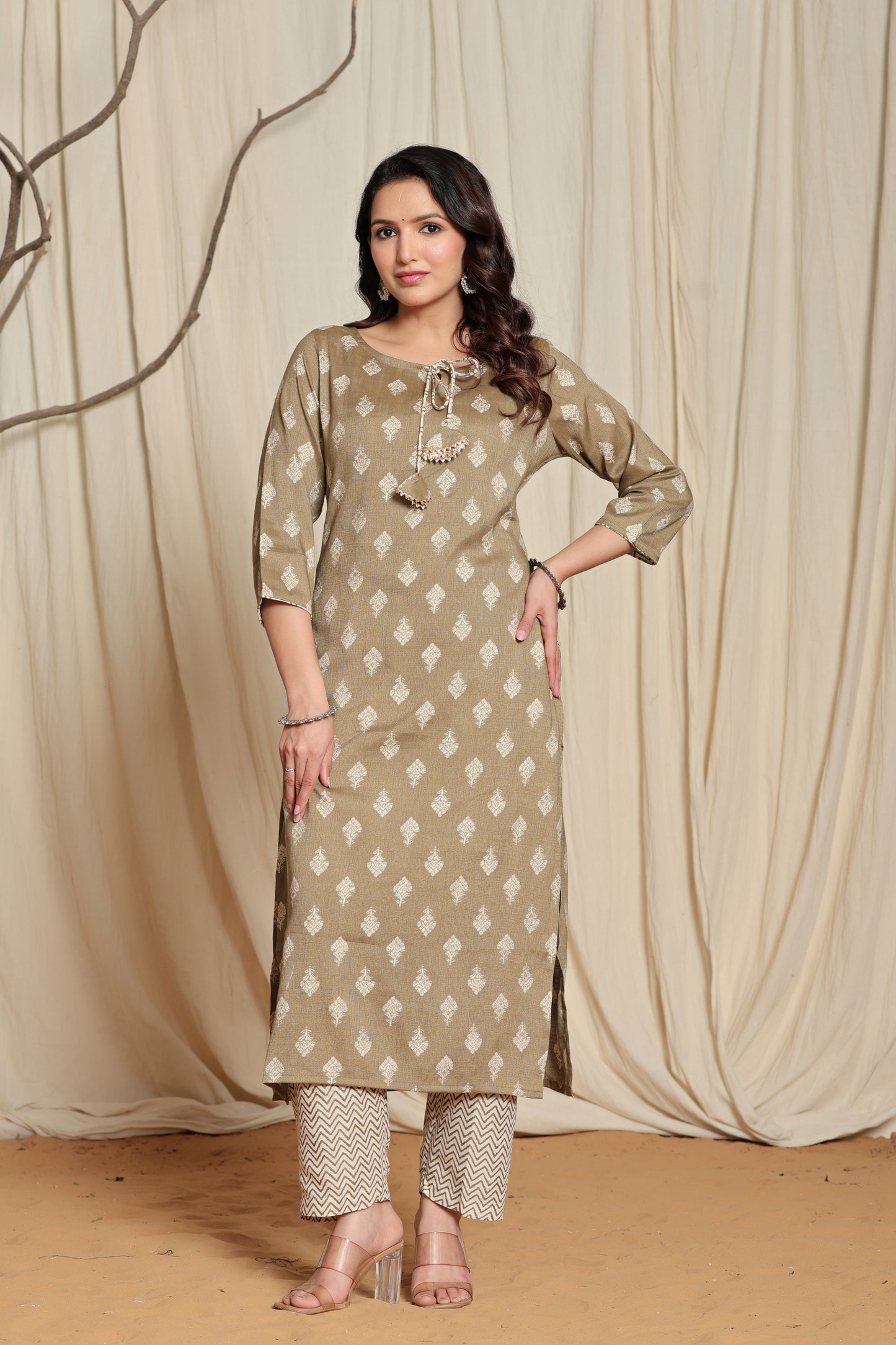 Women's Olive Floral Print Straight Kurta Set