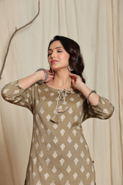 Women's Olive Floral Print Straight Kurta Set