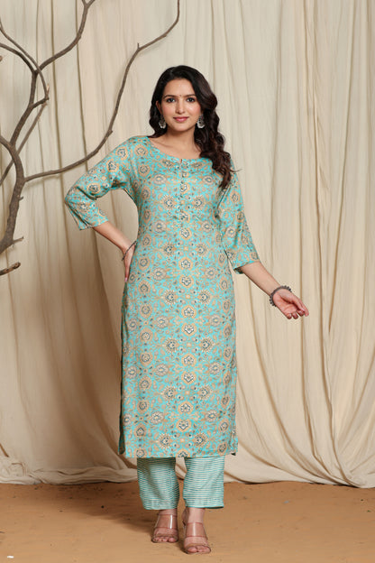 Women's blue Viscose Rayon Kurta Pant Set