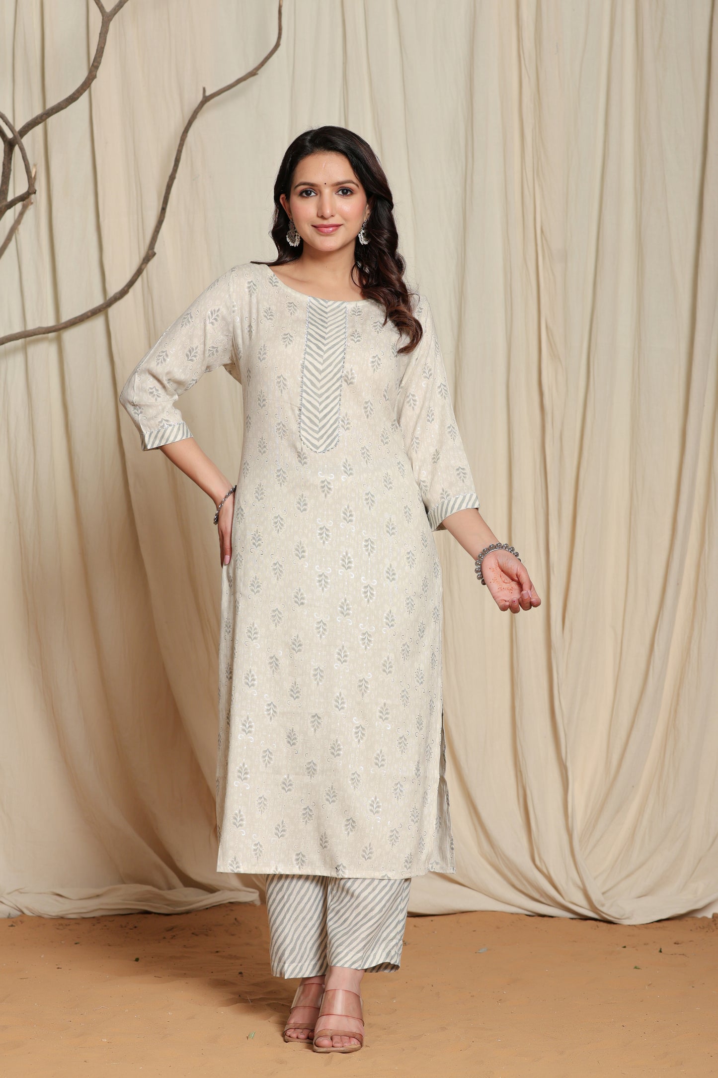 Grey Women's Viscose Rayon Kurta Pant Set