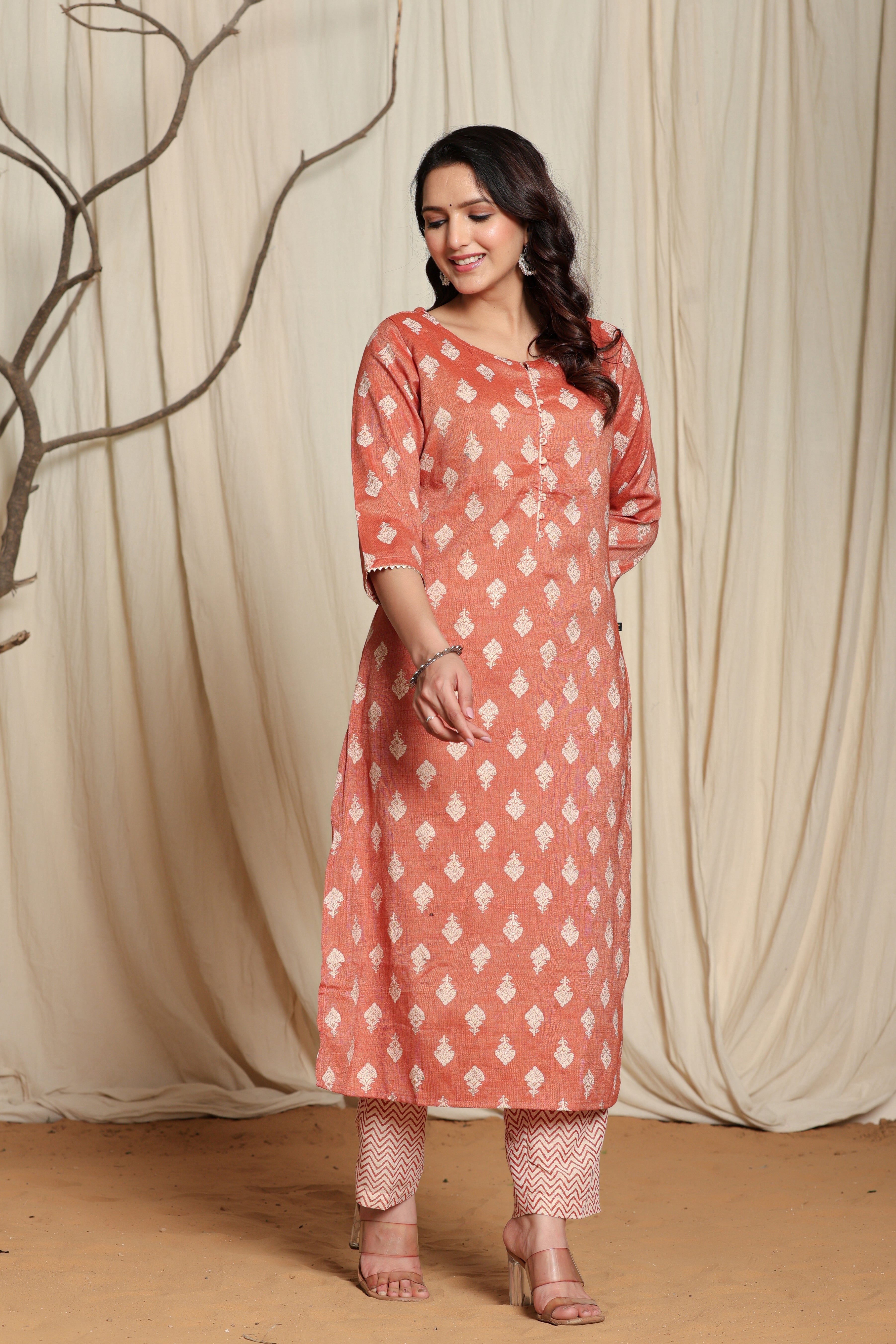 Women's Brown Viscose Rayon Kurta Pant Set with Gota Patti Lining