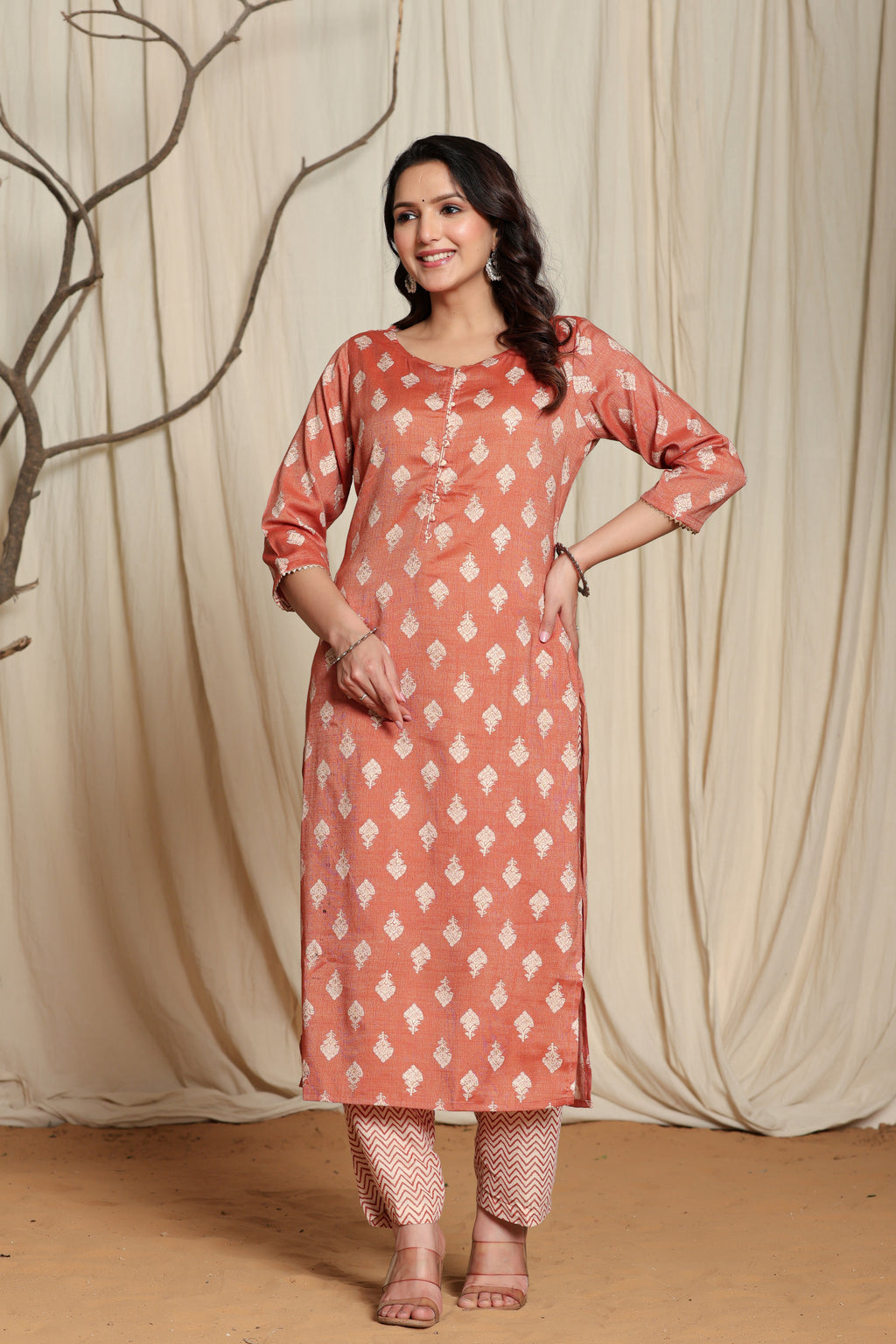 Women's Brown Viscose Rayon Kurta Pant Set with Gota Patti Lining