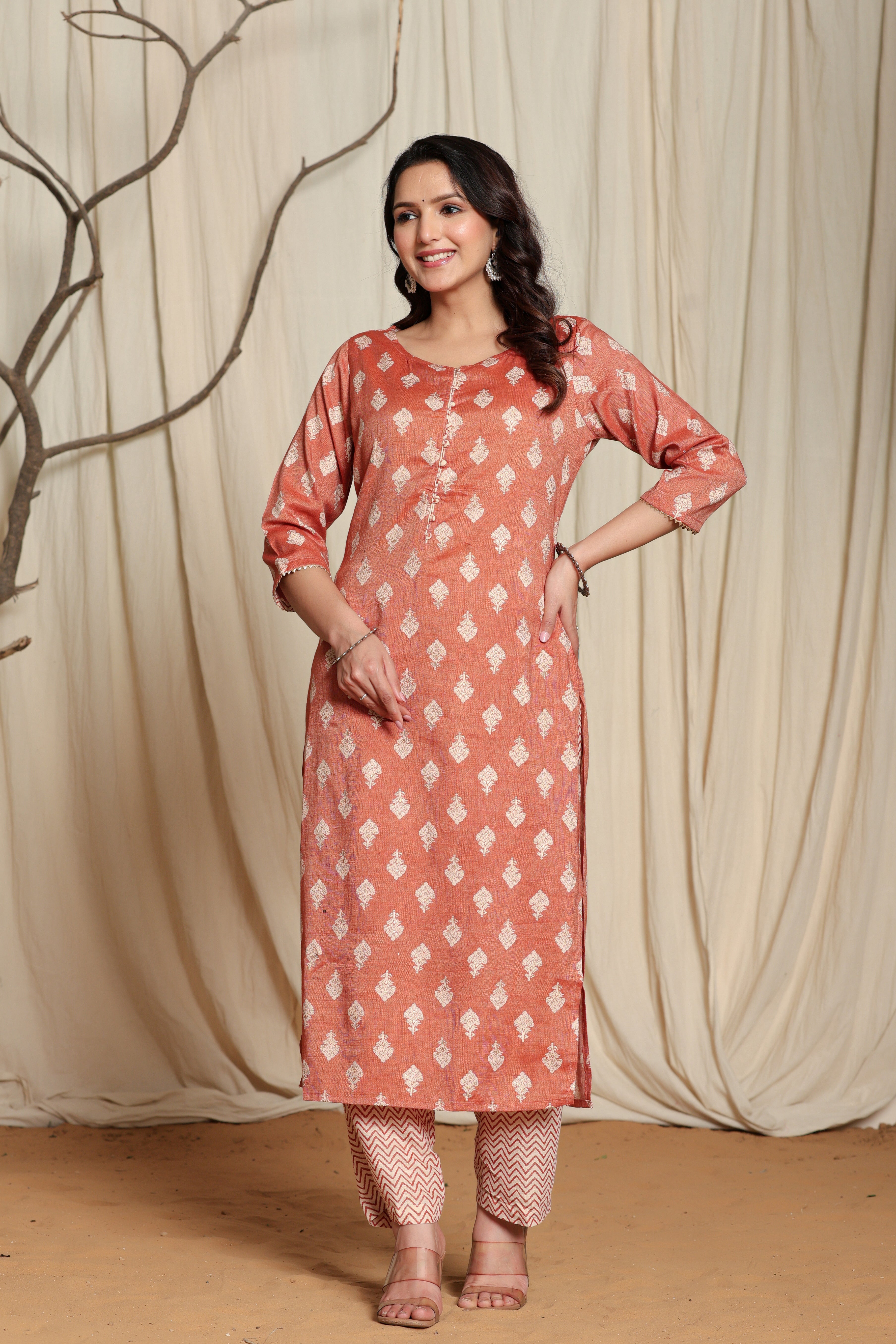 Women's Brown Viscose Rayon Kurta Pant Set with Gota Patti Lining