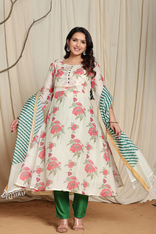 Off-White Color Kurti Set With Red Color Floral Print