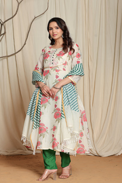 Off-White Color Kurti Set With Red Color Floral Print