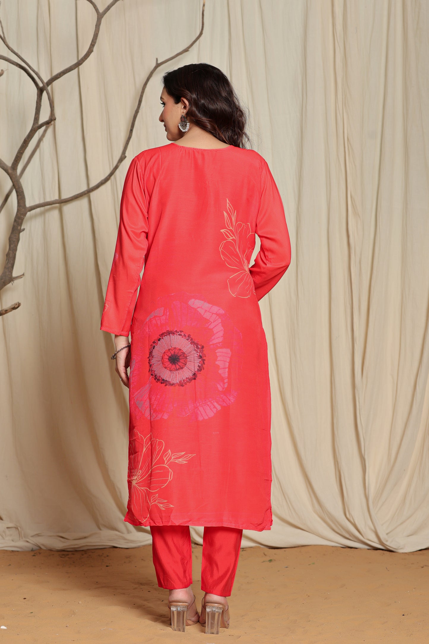 Candy Red V-Neck Suit Set With Mirror Embroidery And Floral Print