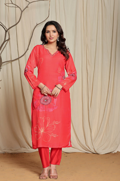 Candy Red V-Neck Suit Set With Mirror Embroidery And Floral Print