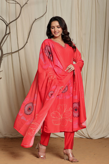 Candy Red V-Neck Suit Set With Mirror Embroidery And Floral Print