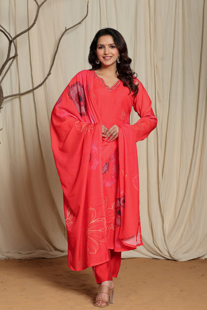 Candy Red V-Neck Suit Set With Mirror Embroidery And Floral Print