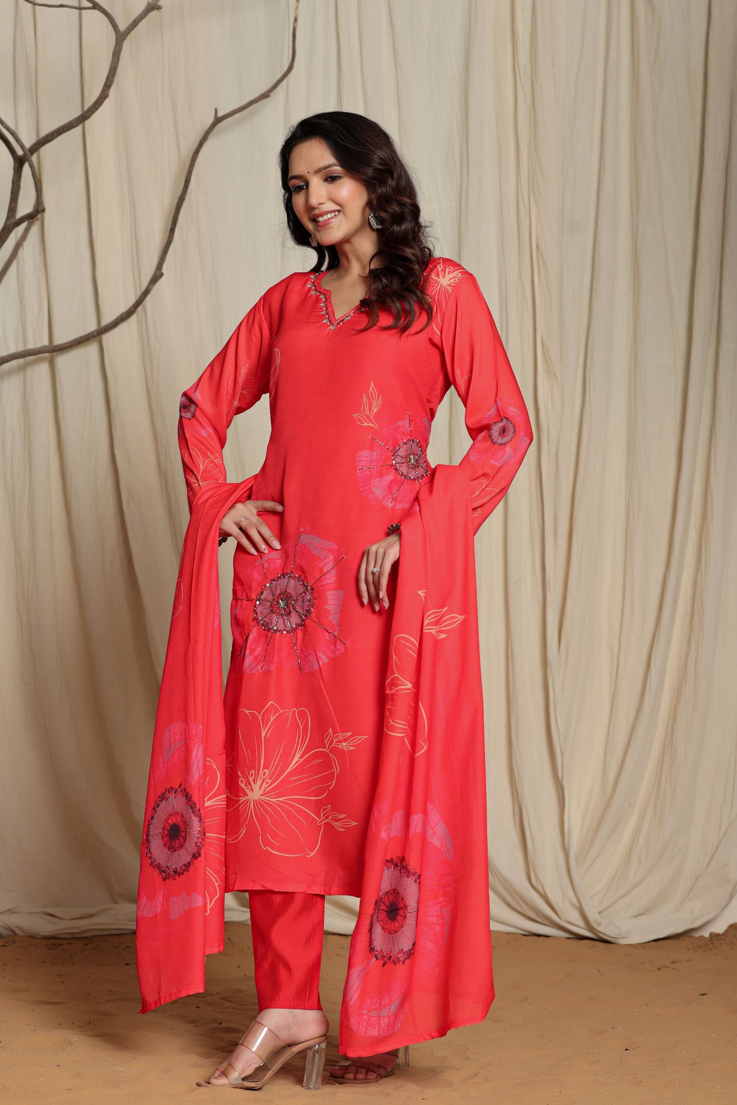 Candy Red V-Neck Suit Set With Mirror Embroidery And Floral Print