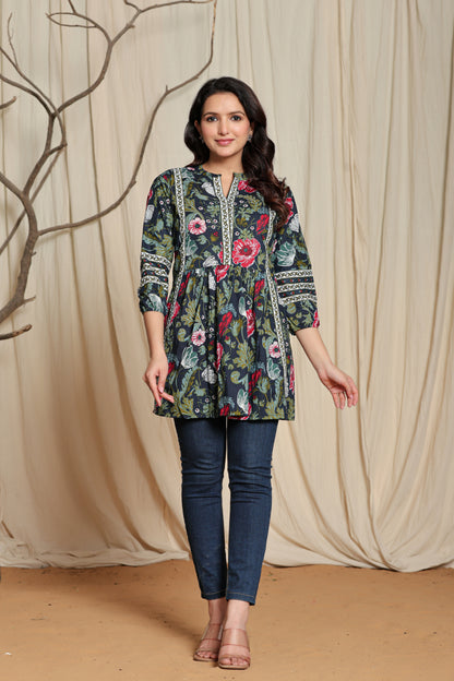 Dark Blue Cotton Printed Short A line Kurti for Women