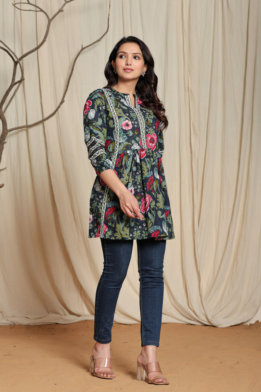 Dark Blue Cotton Printed Short A line Kurti for Women