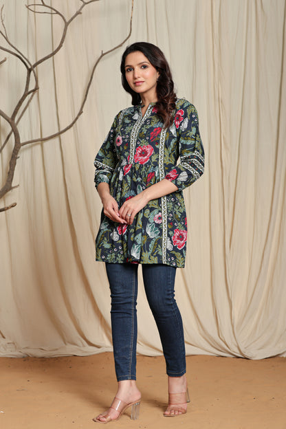 Dark Blue Cotton Printed Short A line Kurti for Women