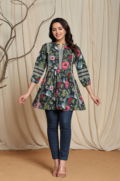 Dark Blue Cotton Printed Short A line Kurti for Women