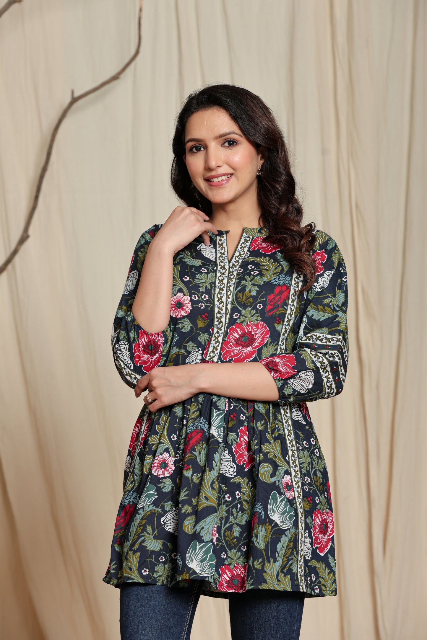 Dark Blue Cotton Printed Short A line Kurti for Women