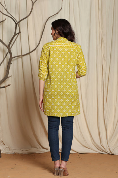 Mustard Cotton Printed Short Kurti for Women