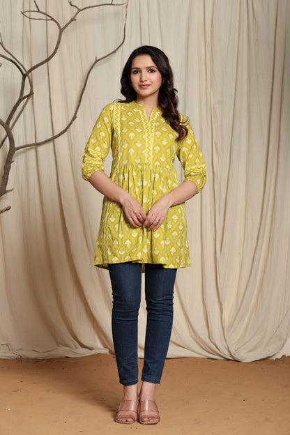 Mustard Cotton Printed Short Kurti for Women