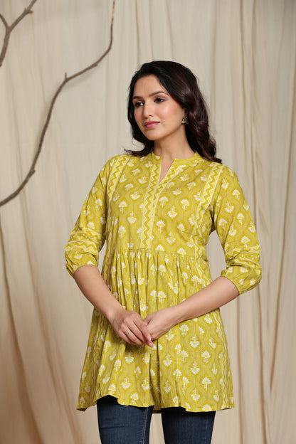 Mustard Cotton Printed Short Kurti for Women