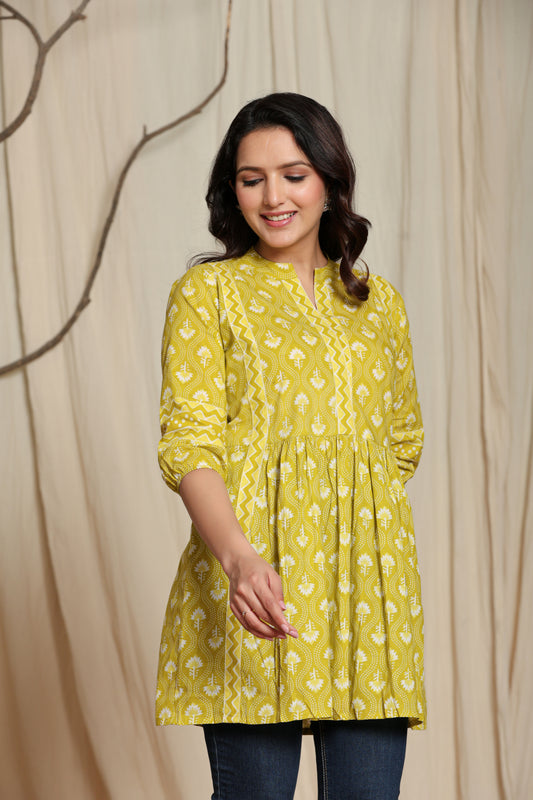 Mustard Cotton Printed Short Kurti for Women