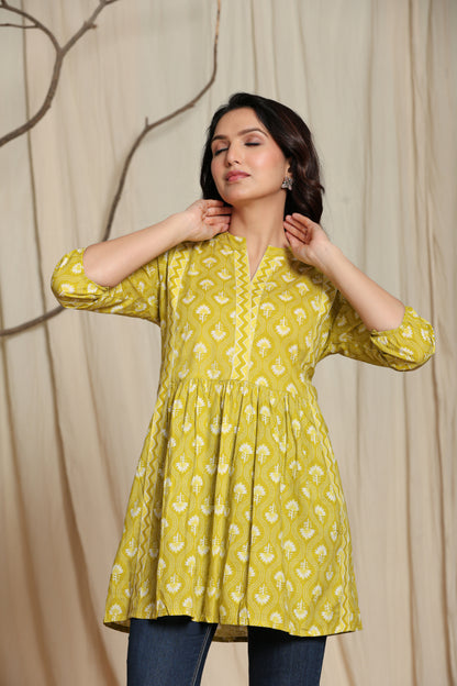 Mustard Cotton Printed Short Kurti for Women